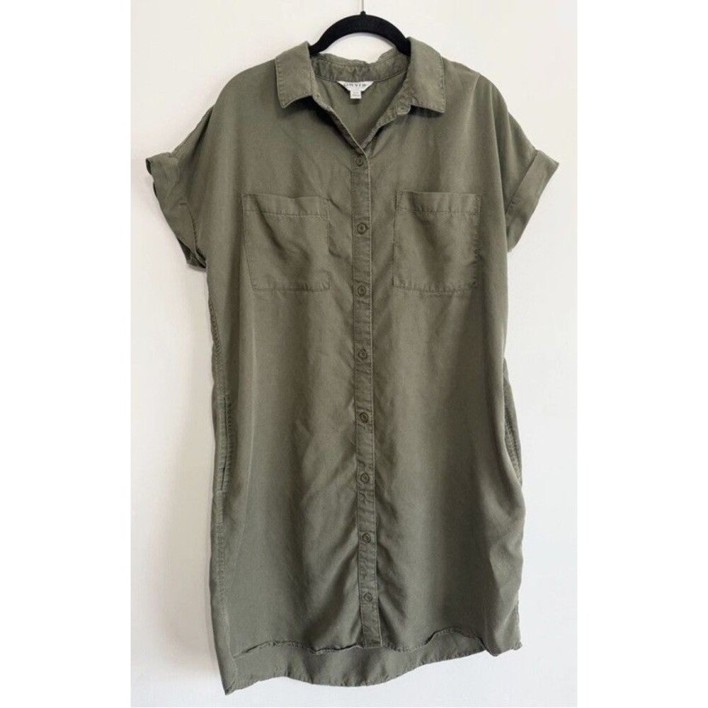 Orvis Button Down Shirt Dress Womens Medium Green Short Sleeve Pockets Lyocell